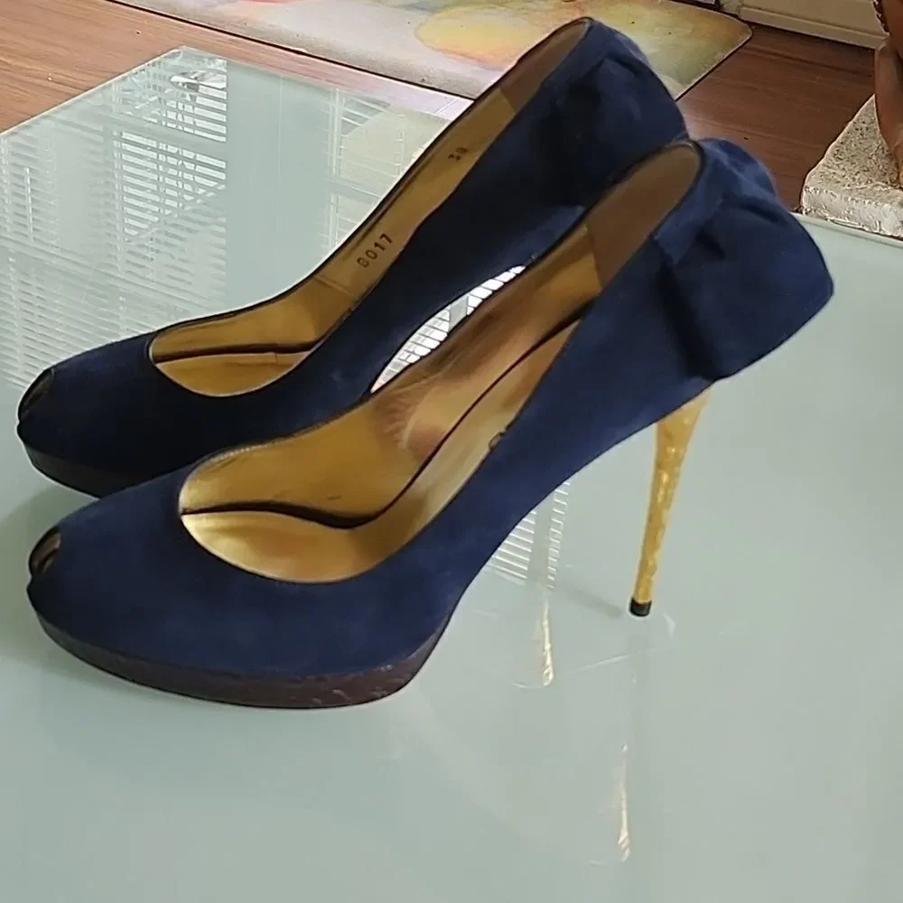 DSQUARED2 New Blue‎ Velvet Peep Toe Textured Gold Stiletto Heels Size 7.5